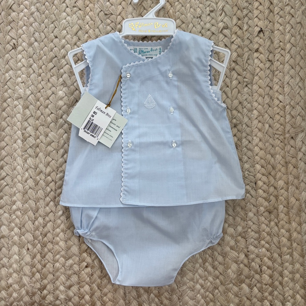 Feltman Bros hand embroidered sailboat baby set NWT - 3M